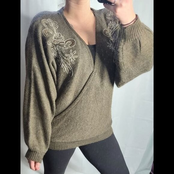 Vintage Brown Western Floral Embroidery Dolman Sleeve Cozy Sweater - Picture 2 of 12